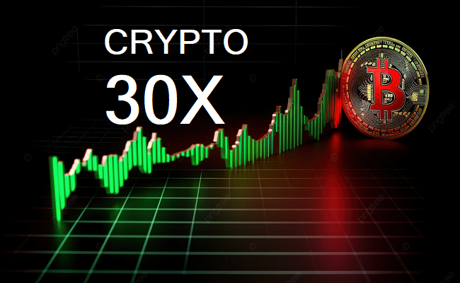 A Bitcoin symbol stands next to a rising green and red bar graph on a dark grid background. The text "CRYPTO 30X" suggests significant growth.