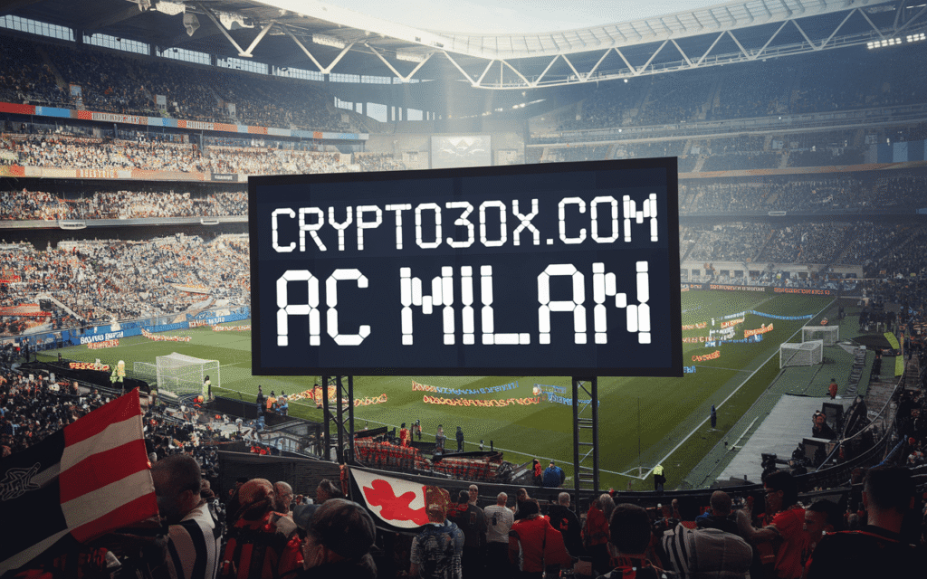 A packed football stadium with a large digital screen displaying "CRYPTO30X.COM AC MILAN" above the field. Fans with flags fill the stands.