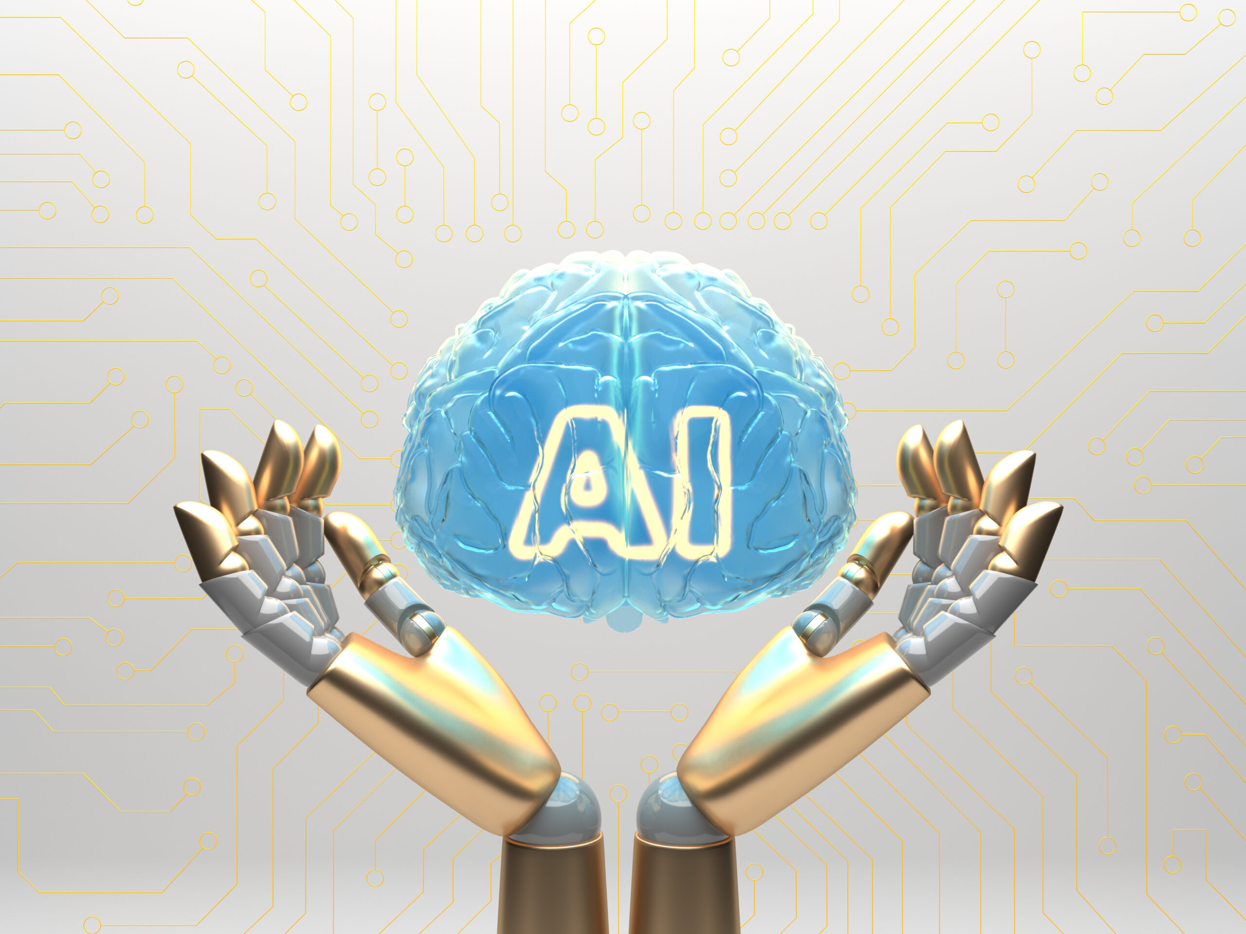 Robot hands hold a glowing, blue brain with "AI" written on it, set against a circuit board-patterned background, symbolizing artificial intelligence.